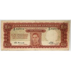 AUSTRALIA 1949 . TEN 10 POUNDS BANKNOTE . VERY SCARCE